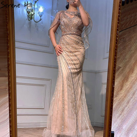 Luxury Champagne Dubai Mermaid Evening Dress with Cape LA70910
