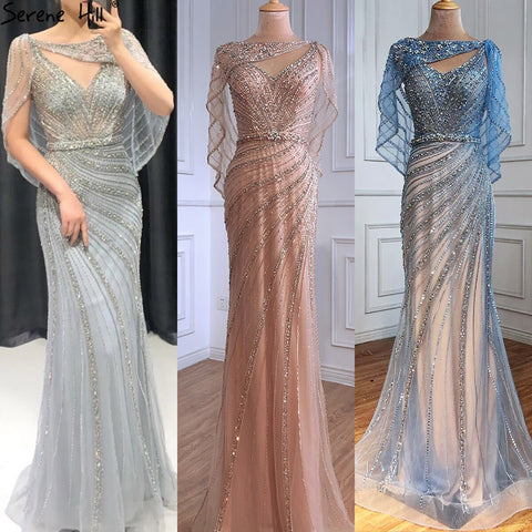 Luxury Champagne Dubai Mermaid Evening Dress with Cape LA70910
