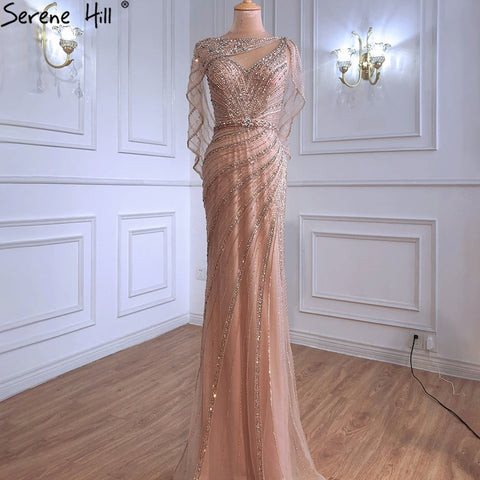Luxury Champagne Dubai Mermaid Evening Dress with Cape LA70910