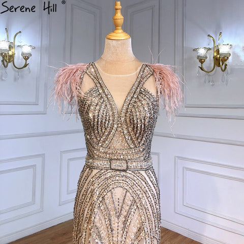 Vestidos de noche de lujo de sirena color nude, con plumas y cuentas, elegantes para mujer, para fiesta, LA71340 