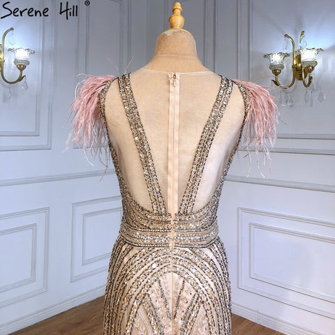 Vestidos de noche de lujo de sirena color nude, con plumas y cuentas, elegantes para mujer, para fiesta, LA71340 