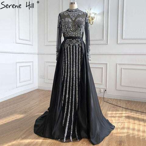 Vestido de noche musulmán de lujo negro con sobrefalda, corte sirena, largo y elegante, para mujer LA71011 