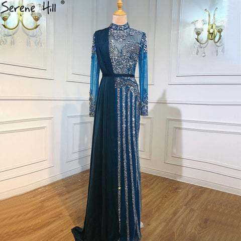 Luxury Muslim Gray Luxury Long Elegant with Detachable Train Mermaid Evening Gowns Dresses  For Woman LA70199