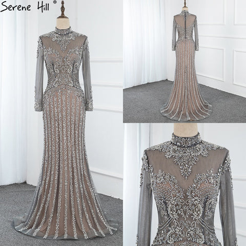 Luxury Muslim Gray Luxury Long Elegant with Detachable Train Mermaid Evening Gowns Dresses  For Woman LA70199