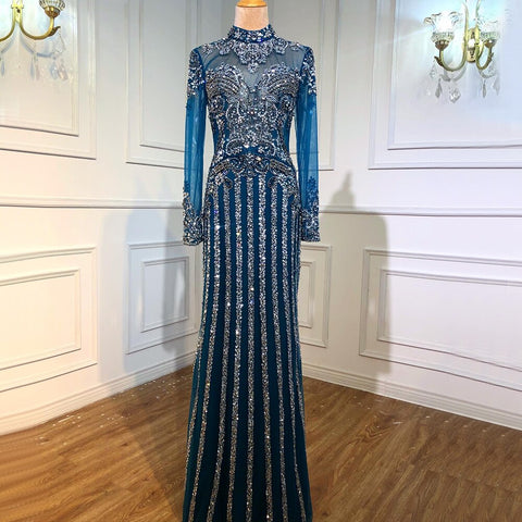 Luxury Muslim Gray Luxury Long Elegant with Detachable Train Mermaid Evening Gowns Dresses  For Woman LA70199