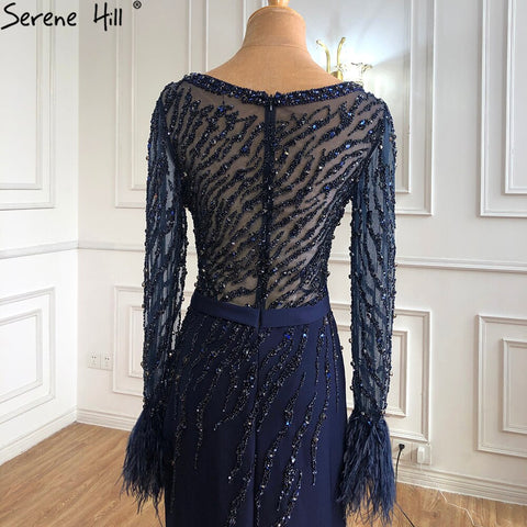 Vestidos de noche musulmanes de lujo azul marino 2025, elegantes vestidos de sirena con cuentas y plumas para mujer, fiesta LA70978 