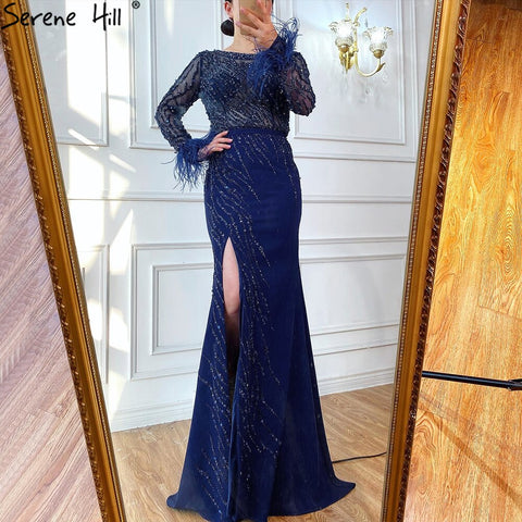 Vestidos de noche musulmanes de lujo azul marino 2025, elegantes vestidos de sirena con cuentas y plumas para mujer, fiesta LA70978 