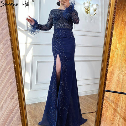 Vestidos de noche musulmanes de lujo azul marino 2025, elegantes vestidos de sirena con cuentas y plumas para mujer, fiesta LA70978 