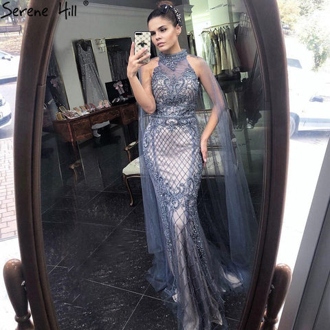 Robe de soirée de luxe bleu marine avec traîne, style sirène, perles et diamants, élégante pour femmes, LA70807, 2025 