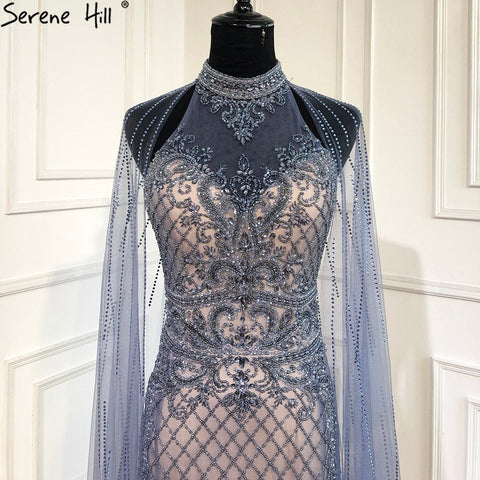 Robe de soirée de luxe bleu marine avec traîne, style sirène, perles et diamants, élégante pour femmes, LA70807, 2025 