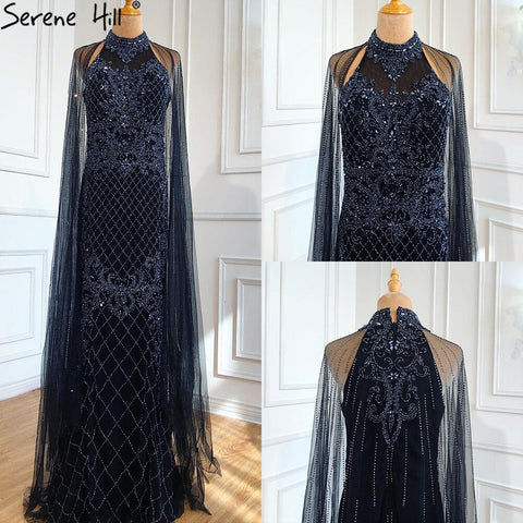 Robe de soirée de luxe bleu marine avec traîne, style sirène, perles et diamants, élégante pour femmes, LA70807, 2025 