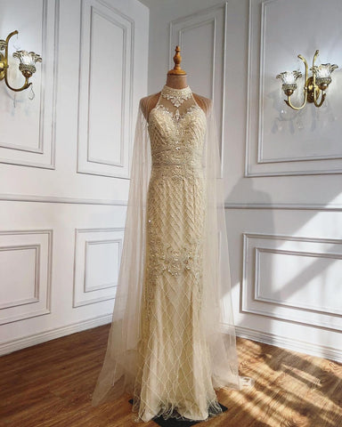 Robe de soirée de luxe bleu marine avec traîne, style sirène, perles et diamants, élégante pour femmes, LA70807, 2025 