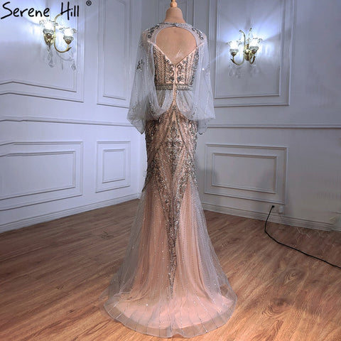 Vestidos de noche de lujo color plata nude, sexys, con escote sirena y cuentas, elegantes para mujer, para fiesta, LA70905 
