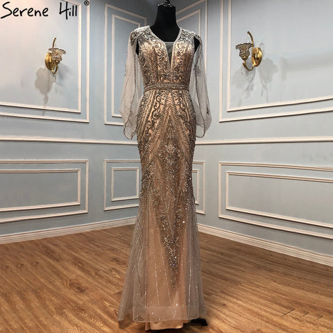 Vestidos de noche de lujo color plata nude, sexys, con escote sirena y cuentas, elegantes para mujer, para fiesta, LA70905 