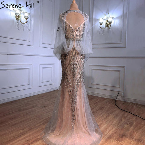 Vestidos de noche de lujo color plata nude, sexys, con escote sirena y cuentas, elegantes para mujer, para fiesta, LA70905 