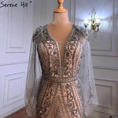 Vestidos de noche de lujo color plata nude, sexys, con escote sirena y cuentas, elegantes para mujer, para fiesta, LA70905 