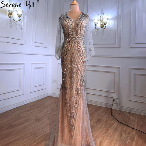 Vestidos de noche de lujo color plata nude, sexys, con escote sirena y cuentas, elegantes para mujer, para fiesta, LA70905 