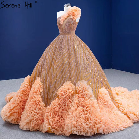Vestido de novia de lujo naranja de un solo hombro 2025, vestido de novia fruncido con cuentas de alta gama HM67358, hecho a medida 