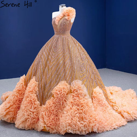Vestido de novia de lujo naranja de un solo hombro 2025, vestido de novia fruncido con cuentas de alta gama HM67358, hecho a medida 