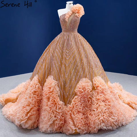 Vestido de novia de lujo naranja de un solo hombro 2025, vestido de novia fruncido con cuentas de alta gama HM67358, hecho a medida 