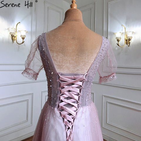 Vestidos de noche de lujo en color rosa, corte A, con cuentas, mangas cortas y cordones, para mujer, fiesta, LA70840 