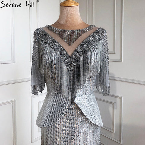 Sale Luxury Silver Mermaid Evening Dresses Gowns 2025 Elegant Half Sleeves Beading Tassel For Women Party LA71017