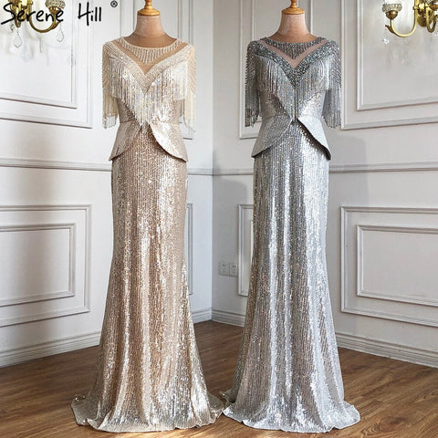 Sale Luxury Silver Mermaid Evening Dresses Gowns 2025 Elegant Half Sleeves Beading Tassel For Women Party LA71017