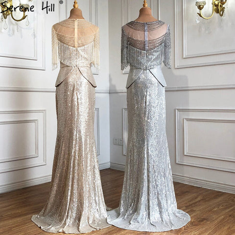 Sale Luxury Silver Mermaid Evening Dresses Gowns 2025 Elegant Half Sleeves Beading Tassel For Women Party LA71017