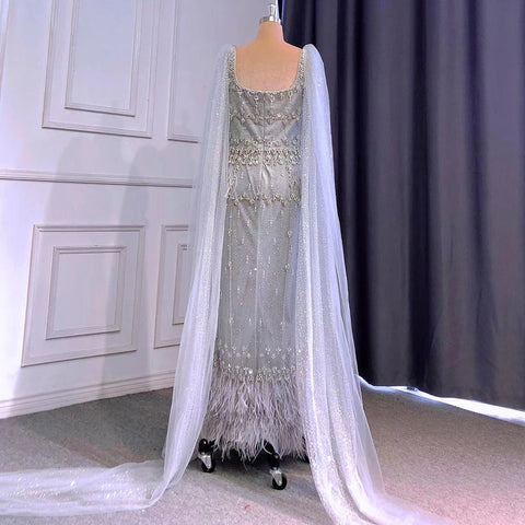 Bling Gray Mermaid Arabic Evening Dress with Cape LA71492