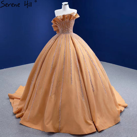 Vestidos de novia dorados de lujo sin mangas 2025 de satén de alta gama con cuentas, vestido de novia sexy HM67356, hecho a medida 