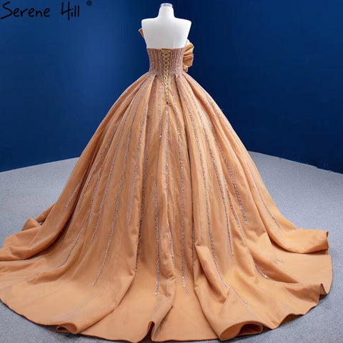 Vestidos de novia dorados de lujo sin mangas 2025 de satén de alta gama con cuentas, vestido de novia sexy HM67356, hecho a medida 