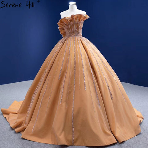 Vestidos de novia dorados de lujo sin mangas 2025 de satén de alta gama con cuentas, vestido de novia sexy HM67356, hecho a medida 