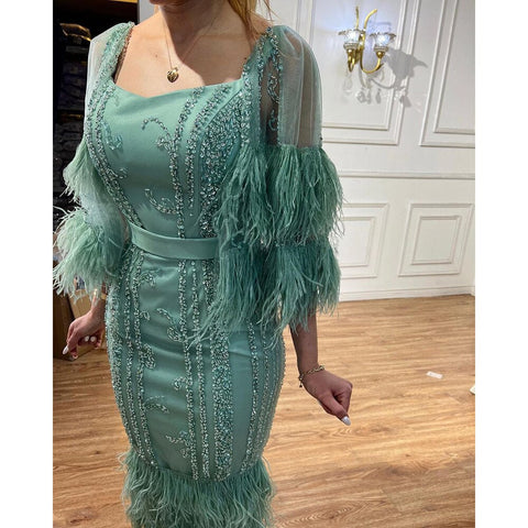 Robe de soirée sirène turquoise luxueuse, élégante, avec plumes et perles, pour femme, modèle LA71807, 2025 