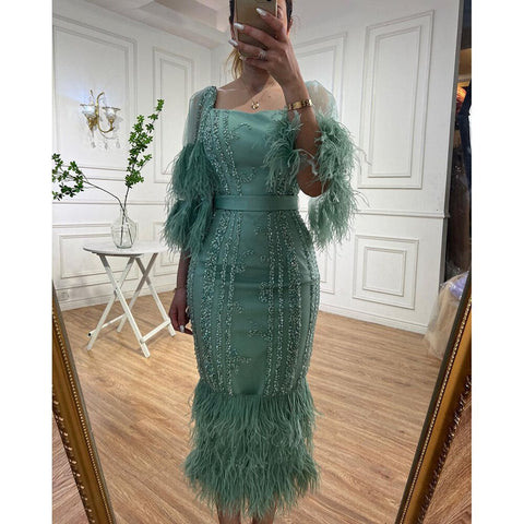 Robe de soirée sirène turquoise luxueuse, élégante, avec plumes et perles, pour femme, modèle LA71807, 2025 