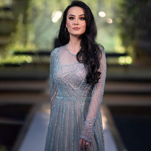 Vestidos de noche de lujo color turquesa nude, corte A, mangas largas, con cuentas, elegantes, para mujer, fiesta, LA71659 