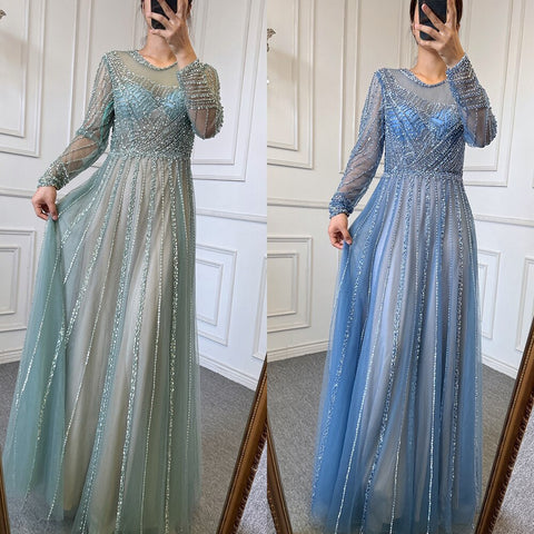 Vestidos de noche de lujo color turquesa nude, corte A, mangas largas, con cuentas, elegantes, para mujer, fiesta, LA71659 