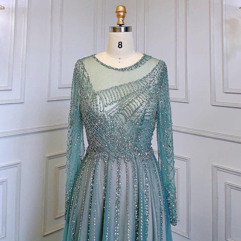 Vestidos de noche de lujo color turquesa nude, corte A, mangas largas, con cuentas, elegantes, para mujer, fiesta, LA71659 