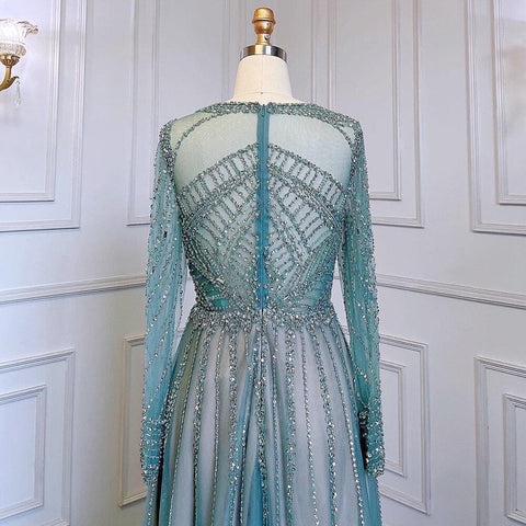 Vestidos de noche de lujo color turquesa nude, corte A, mangas largas, con cuentas, elegantes, para mujer, fiesta, LA71659 