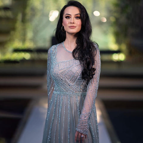 Vestidos de noche de lujo color turquesa nude, corte A, mangas largas, con cuentas, elegantes, para mujer, fiesta, LA71659 