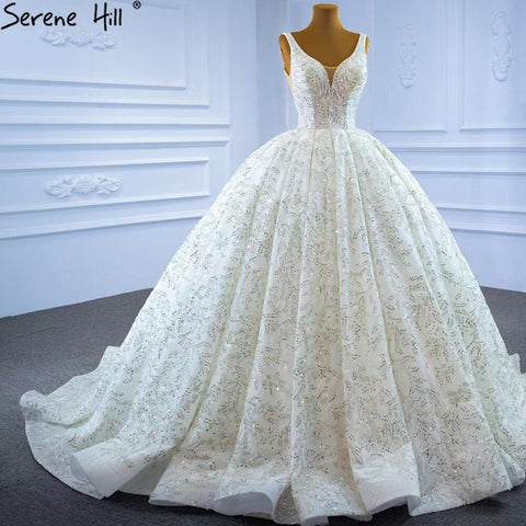Vestidos de novia de lujo con cuentas blancas, 2025, brillantes, sin mangas, vestido de novia HM67254, hecho a medida 