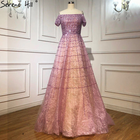 Vestidos de noche de lujo color malva con hombros descubiertos, 2025, con cuentas y diamantes, sexys para mujer, para fiesta LA70263 