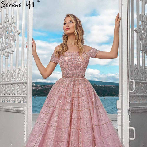 Vestidos de noche de lujo color malva con hombros descubiertos, 2025, con cuentas y diamantes, sexys para mujer, para fiesta LA70263 
