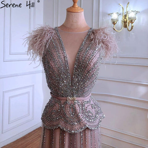 Robe de soirée de luxe rose chair, robe trapèze à perles et plumes, pour femme, LA70929, 2025 