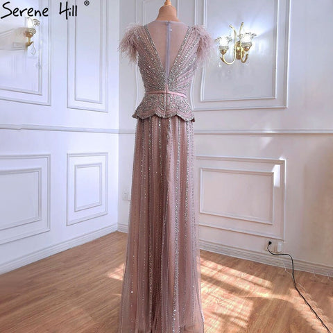 Robe de soirée de luxe rose chair, robe trapèze à perles et plumes, pour femme, LA70929, 2025 