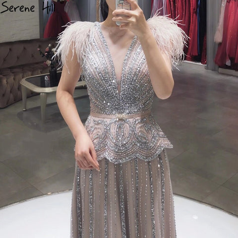 Robe de soirée de luxe rose chair, robe trapèze à perles et plumes, pour femme, LA70929, 2025 