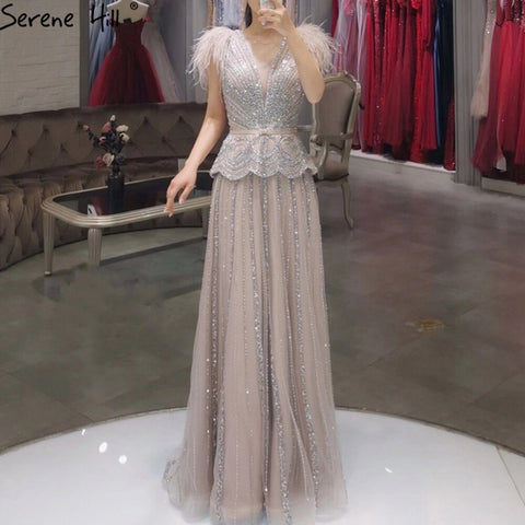 Robe de soirée de luxe rose chair, robe trapèze à perles et plumes, pour femme, LA70929, 2025 
