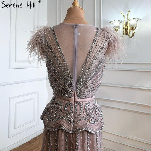 Robe de soirée de luxe rose chair, robe trapèze à perles et plumes, pour femme, LA70929, 2025 