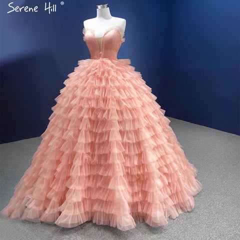 Vestidos de novia sexys color rosa carne 2025 con volantes, capas y cordones, HM67033B, hechos a medida 
