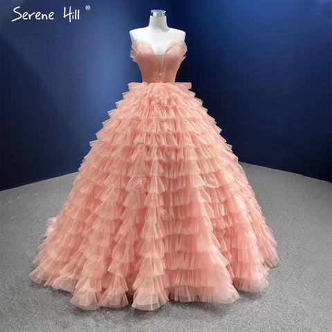 Vestidos de novia sexys color rosa carne 2025 con volantes, capas y cordones, HM67033B, hechos a medida 