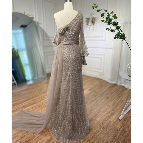 Vestido de noche de lujo con cuentas y sobrefalda de un solo hombro color caramelo, corte sirena, para mujer, boda, fiesta, LA72128 